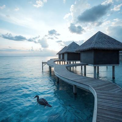 The primary subject of the image is a bird swimming in the water. The bird is located in the middle of the scene, surrounded by a serene blue water environment. The setting includes a pier with a few houses on it, creating a picturesque and peaceful atmosphere. The visual style of the image is a photo, capturing the bird in its natural habitat. The colors and mood of the image are predominantly blue, reflecting the calmness of the water and the tranquility of the scene.